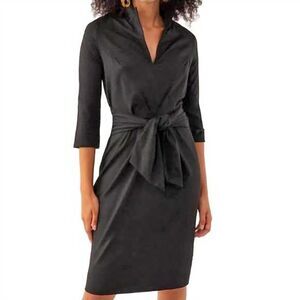 Gretchen Scott Dapper Dress Size XL Black Jersey Attached Front Tie 3/4 Sleeves